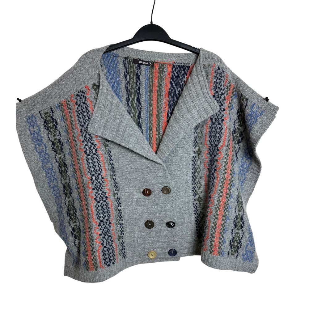 KERISMA Women Fair Isle Knit Poncho‎ Sweater Shawl Collar Button Front M/L